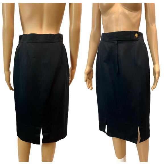 80's Louis Féraud Structured Black Pencil Skirt w Gold Sun Face Button | 28" - Picture 9 of 12